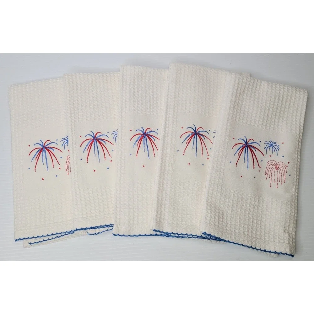 TAG Brand Dish‎ Towel Embroidered Fireworks USA Patriotic Design White NEW RARE